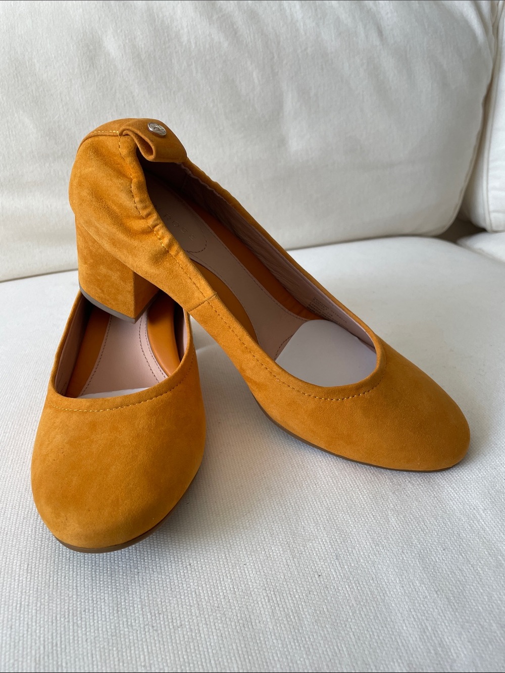 Taryn Rose Suede Block Heel Pumps in Mustard Yellow